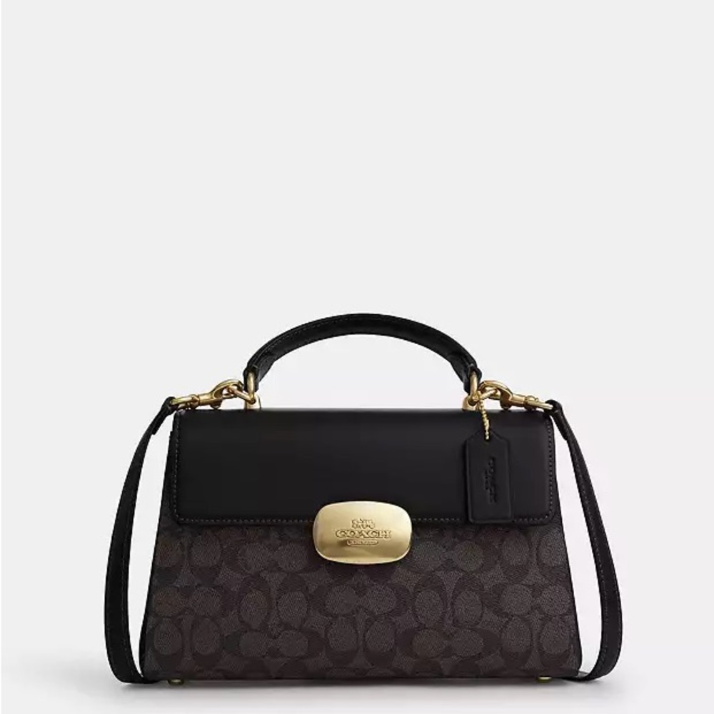 Coach Signature Top Handle Eliza Black and Brown Crossbody Bag with Gold Accents